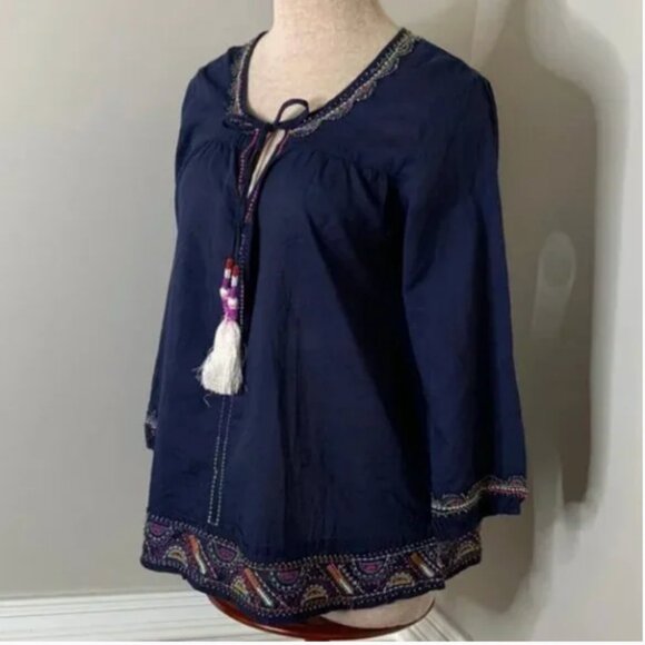 Solitaire Boho Blue Embroidered and Beaded Split Neck Tunic With Tassel Ties Med - Picture 4 of 8